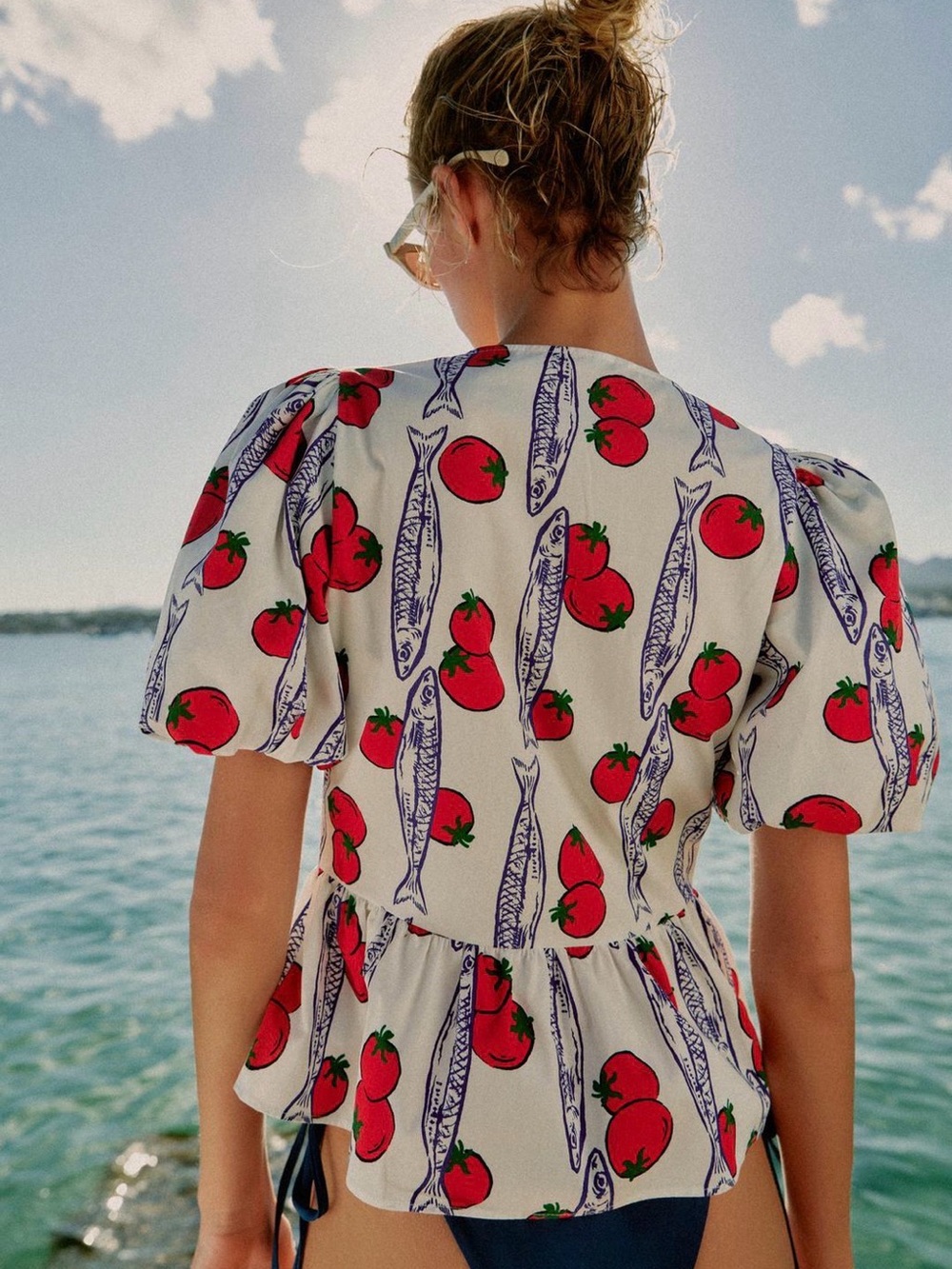 ZARA White Tomato-Print Tie-Front Puff Sleeve Top - Picture 4 of 10